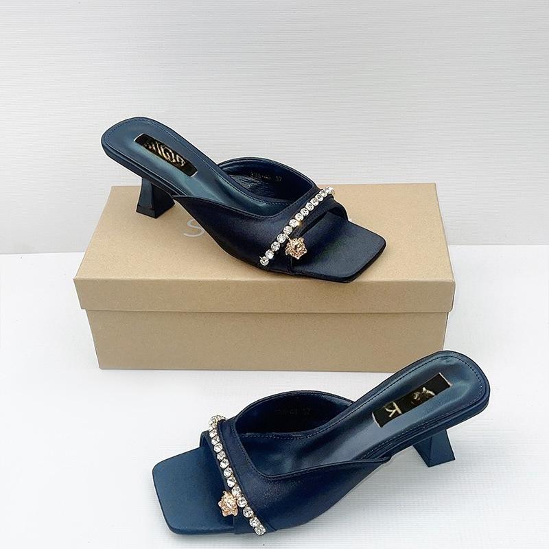 Square Toe Block Heel Rhinestone Single Strap Sandals Women High Heel Casual Summer Slide Shoes