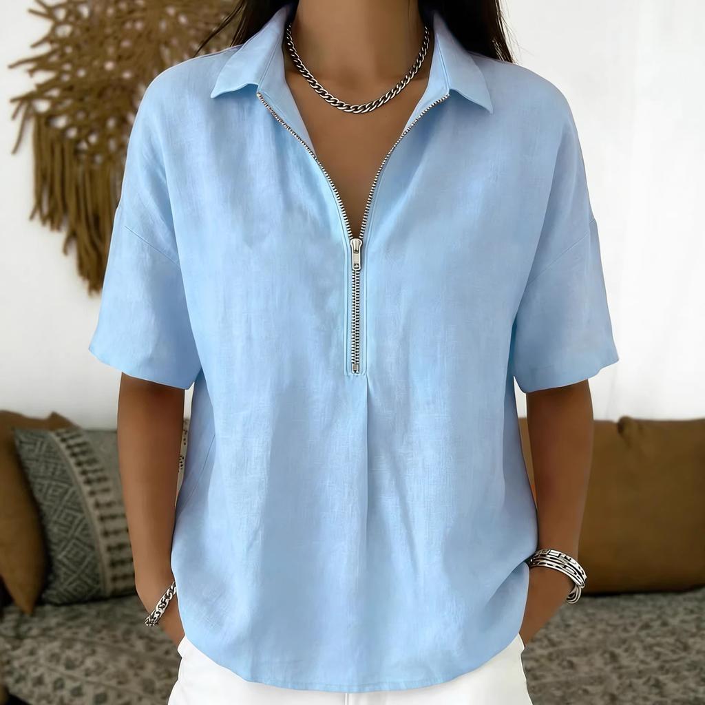 Women's Half Zip Collared Linen Blend Blouse Casual Short Sleeve Shirt with Solid Color