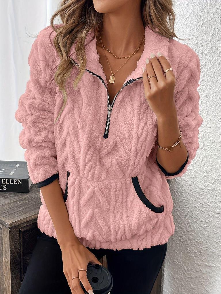 2025 Autumn/Winter European & American Lapel Jacquard Half-Zip Plush Pocket Short Sweatshirt