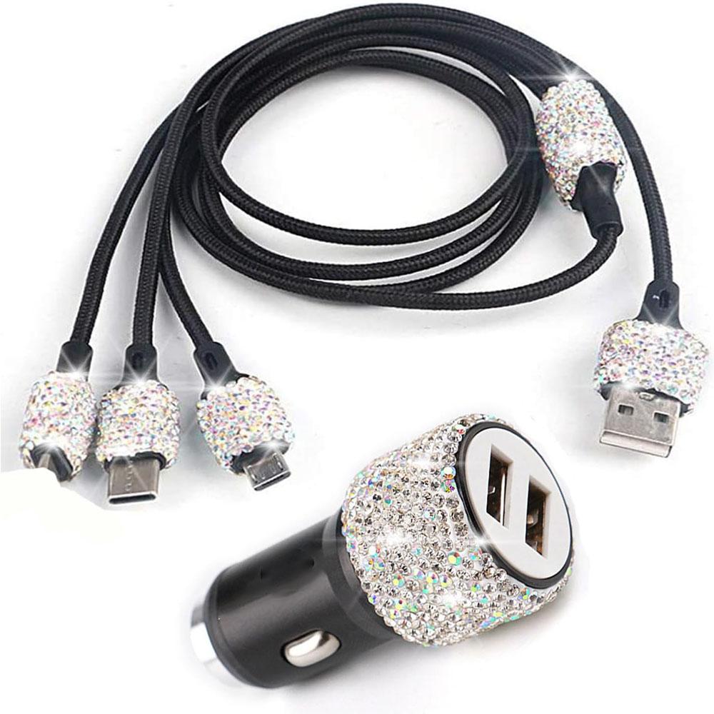 Dual USB Car Charger Bling Bling Handmade Rhinestones Crystal Car Decorations for Fast Charging Car Decors for iPhone/Samsung
