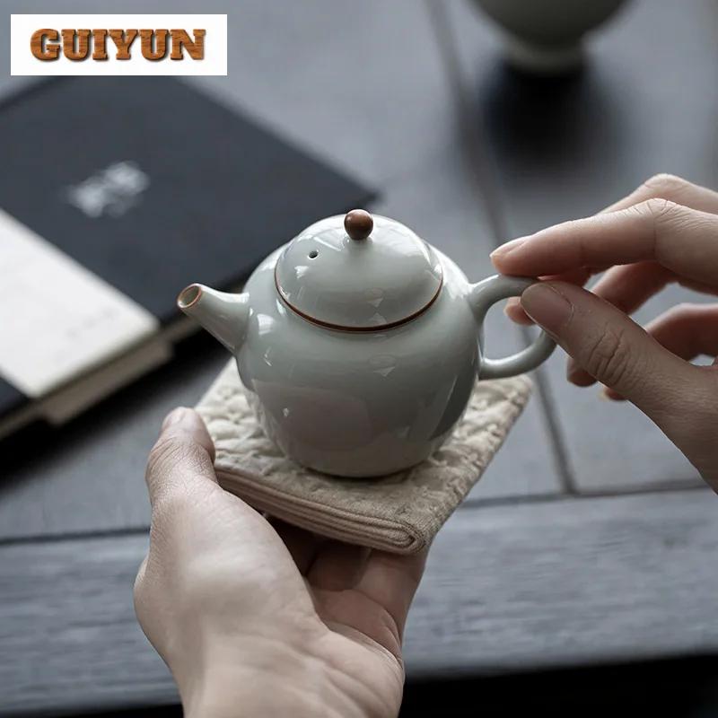 110ml Antique Azure Glazed Ceramic Teapot Handmade Small Pot Tea Brewing Kettle with Filter Tieguanyin Chinese Tea Set Craft