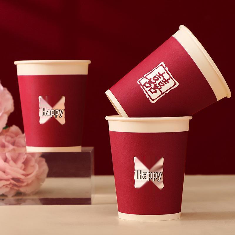 

Wine Red Double Happiness Wedding Paper Cups - Disposable and Thickened for Engagement and Banquet Celebrations