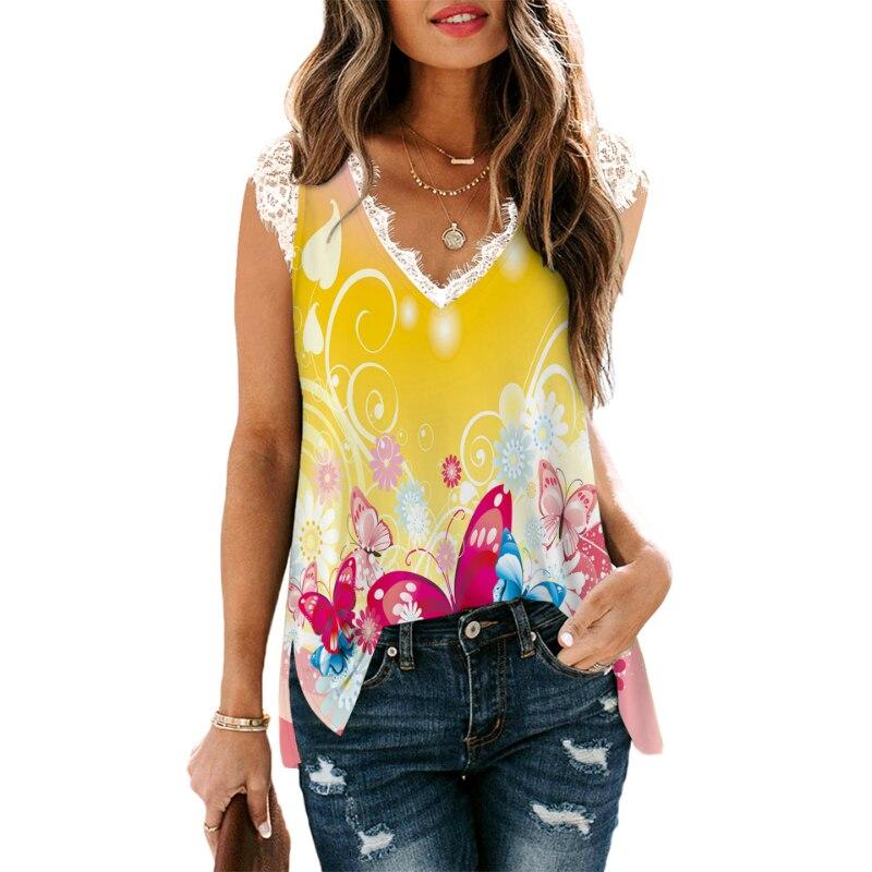 Canotta Larga Estiva 2023 Donna Stampa Scollo a V Senza Maniche Pizzo Camicia Donna Elegante Bluse Per Donna Abbigliamento Femminile 25708