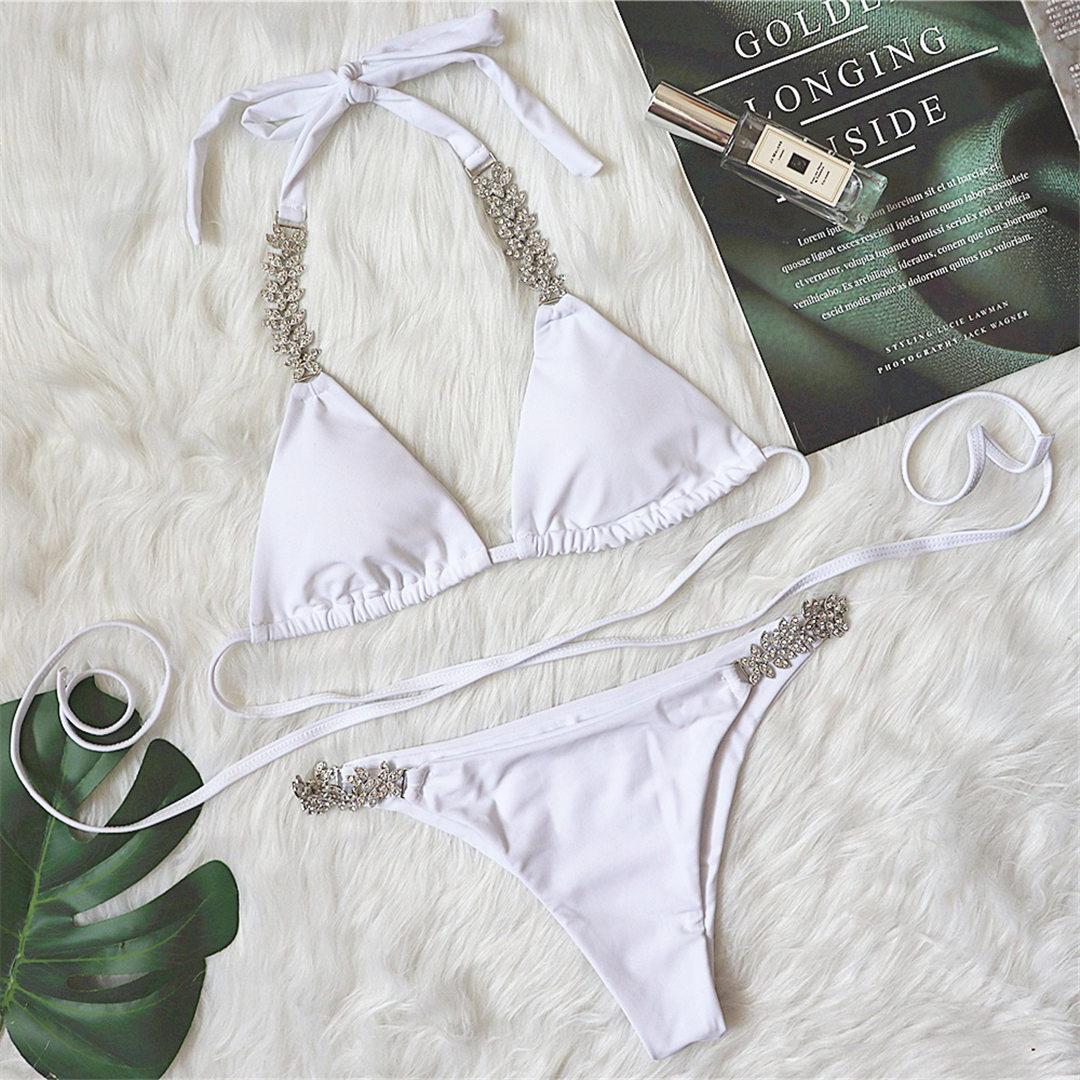 

Женский бикини с лямкой на шее, женский купальник, комплект из двух частей, комплект бикини с блестящим ромбовидным декором, купальный костюм L белый