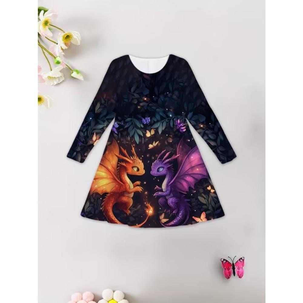 Mädchen Lässiges 3D Halloween Print Rundhals Langarm Kleid Kinder Prinzessinnenkleid