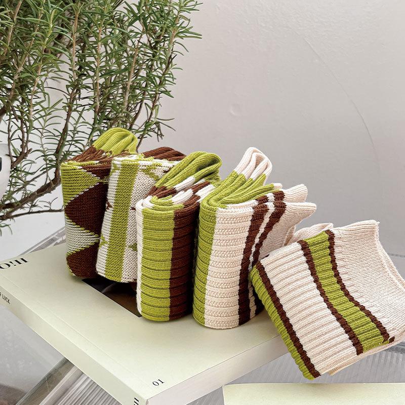 Designer Double Needle Double Road Women'S Cotton Socks Fashion Versatile Medium Tube Socks Striped Tide Socks