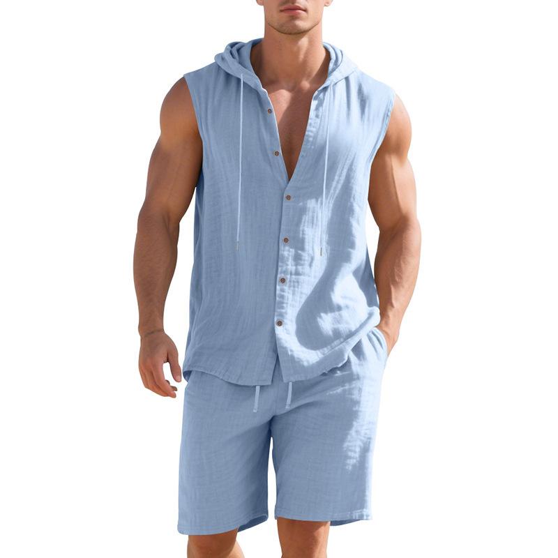 Mens Sleeveless Hooded Shirt And Shorts Casual Set