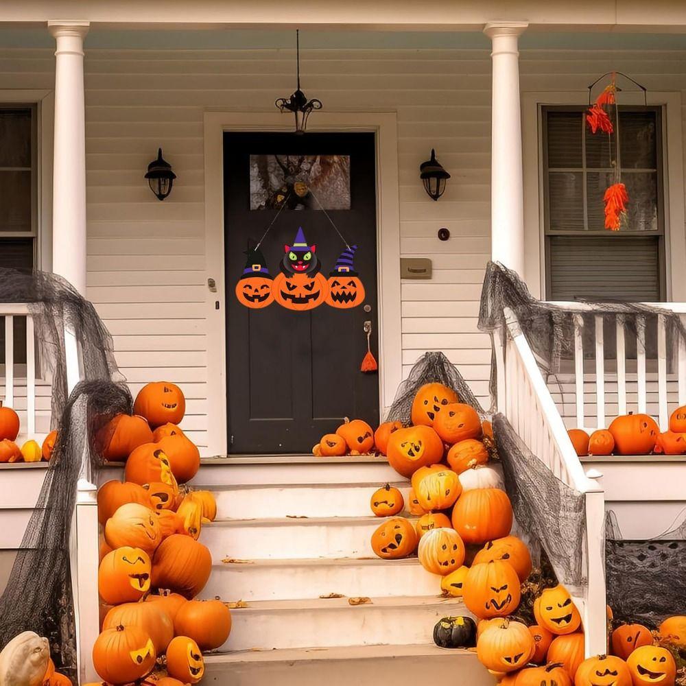 Pumpkin Shape Halloween Welcome Sign Wooden Pumpkin Porch Sign  Front Door Decor