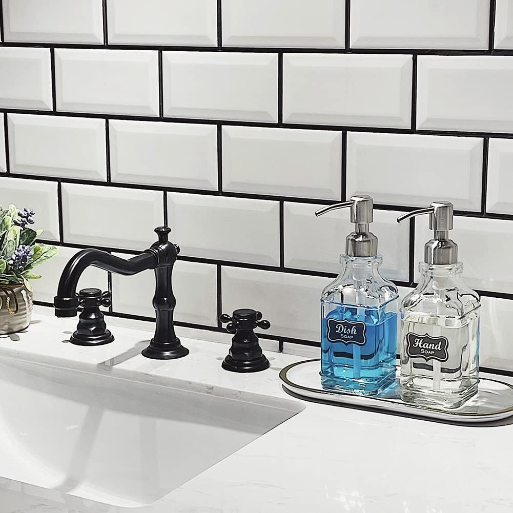 JASAI 2Pack Antique Design Glass Soap Dispenser with Rust Proof 304 Stainless Steel Pump, Refillable Hand Soap Dispenser with 10Pcs Stickers, Premium