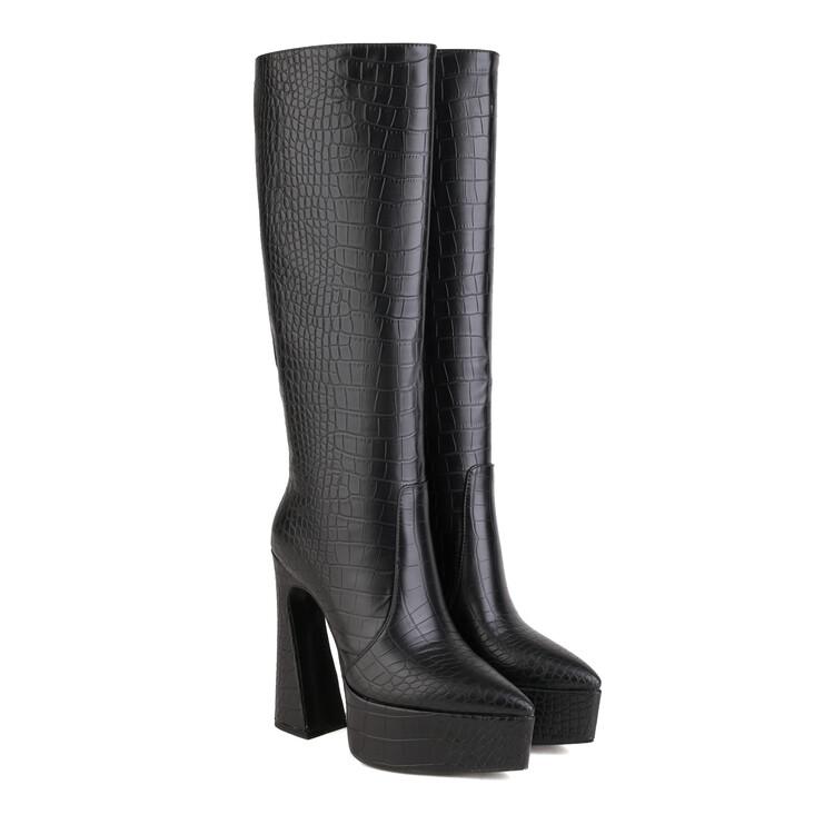 

Мода 2025 Новые Сапоги до колена на платформе из суперволокнистой кожи Женские Теплые Зимние Модные Длинные Сапоги 14 см Черные Белые Размер 34-45 Высокий каблук 35