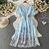 Summer Vintage Hollow Out Embroidered Midi Dress Women's V-neck Short Sleeve Elastic Waist Slim Long Dress