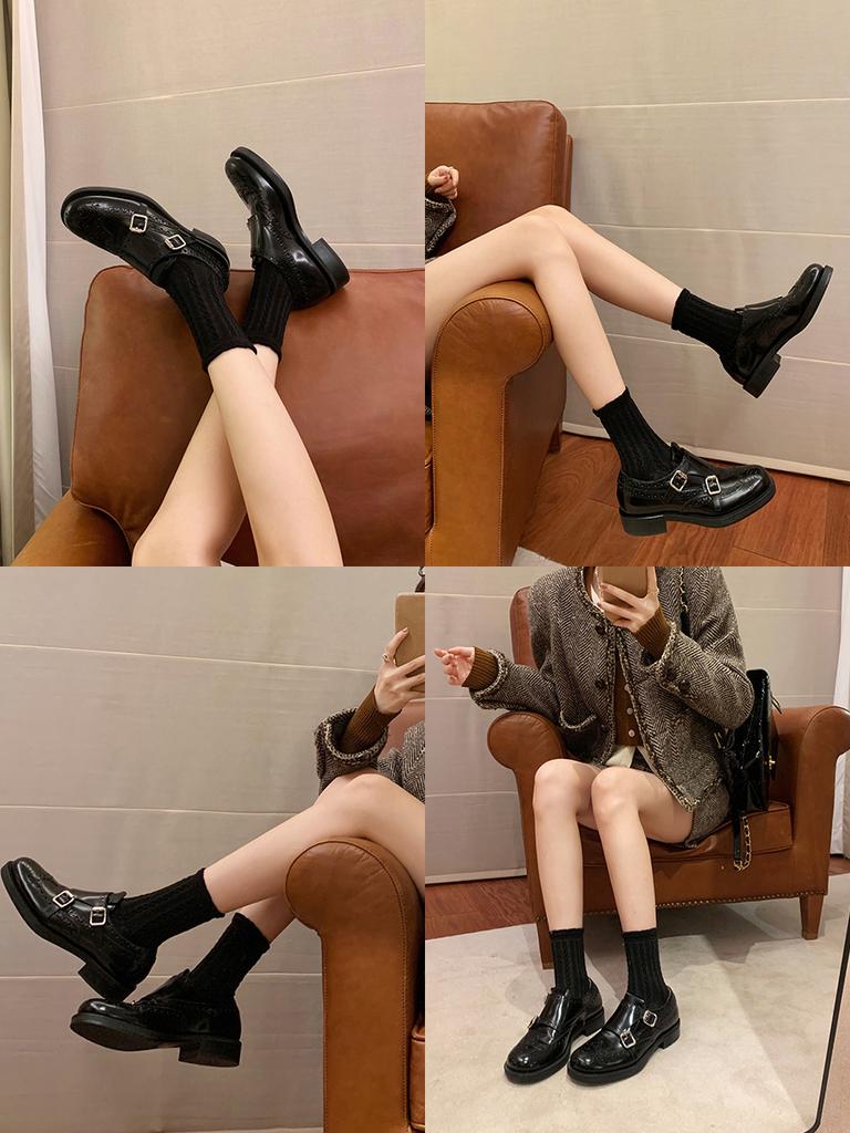 Grape mother same style, exquisite carved baroque belt buckle loafers Oxford shoes single shoes Munch small leather shoes women