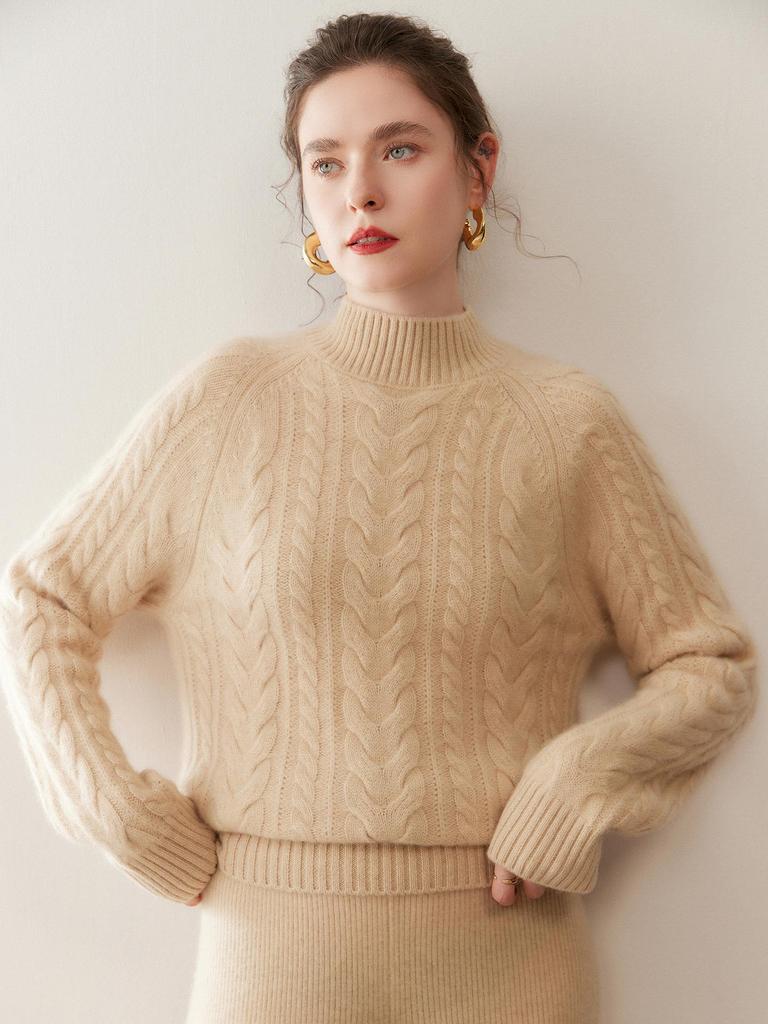 Women's Autumn Winter Cashmere Cable Knit Half Turtleneck Sweater - Solid Color, Slimming, Long Sleeve, Soft