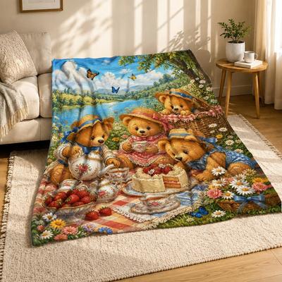 Teddy Bear Picnic Tea Party Coral Fleece Blanket Nursery Decor
