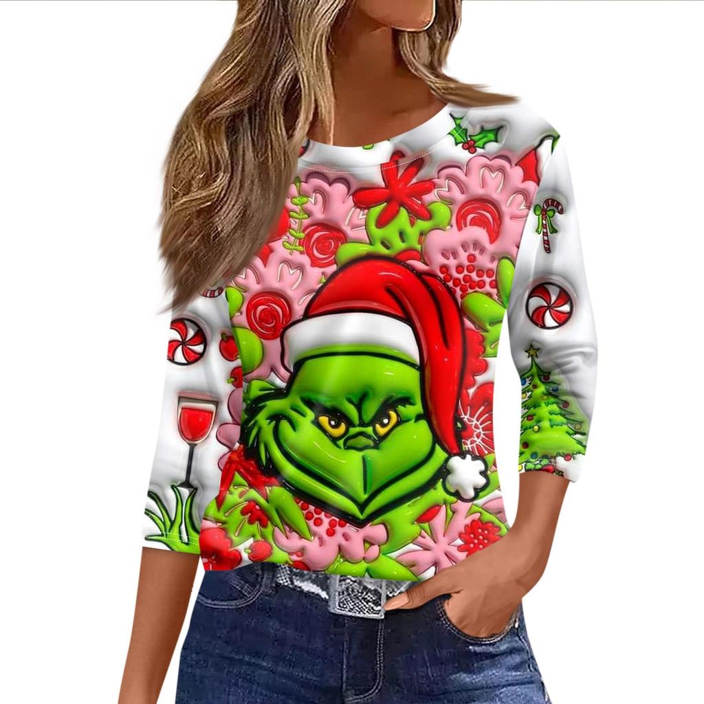 Damen Modisches Lässiges Dreiviertelarm Weihnachts-Print Rundhals-Top