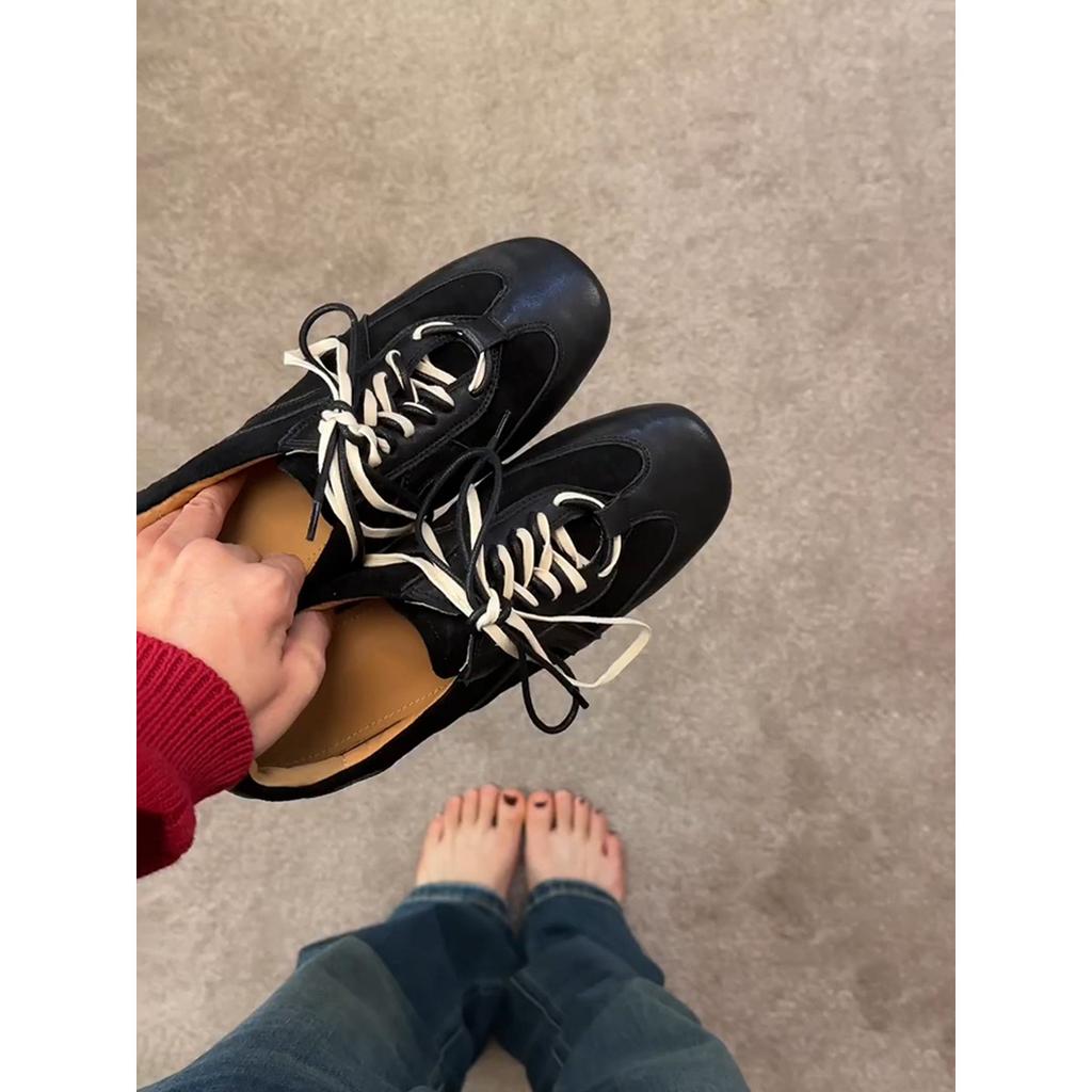 Cowhide version~ retro black German training shoes lace-up Forrest Gump shoes women's inner height increase casual board shoes versatile sports shoes