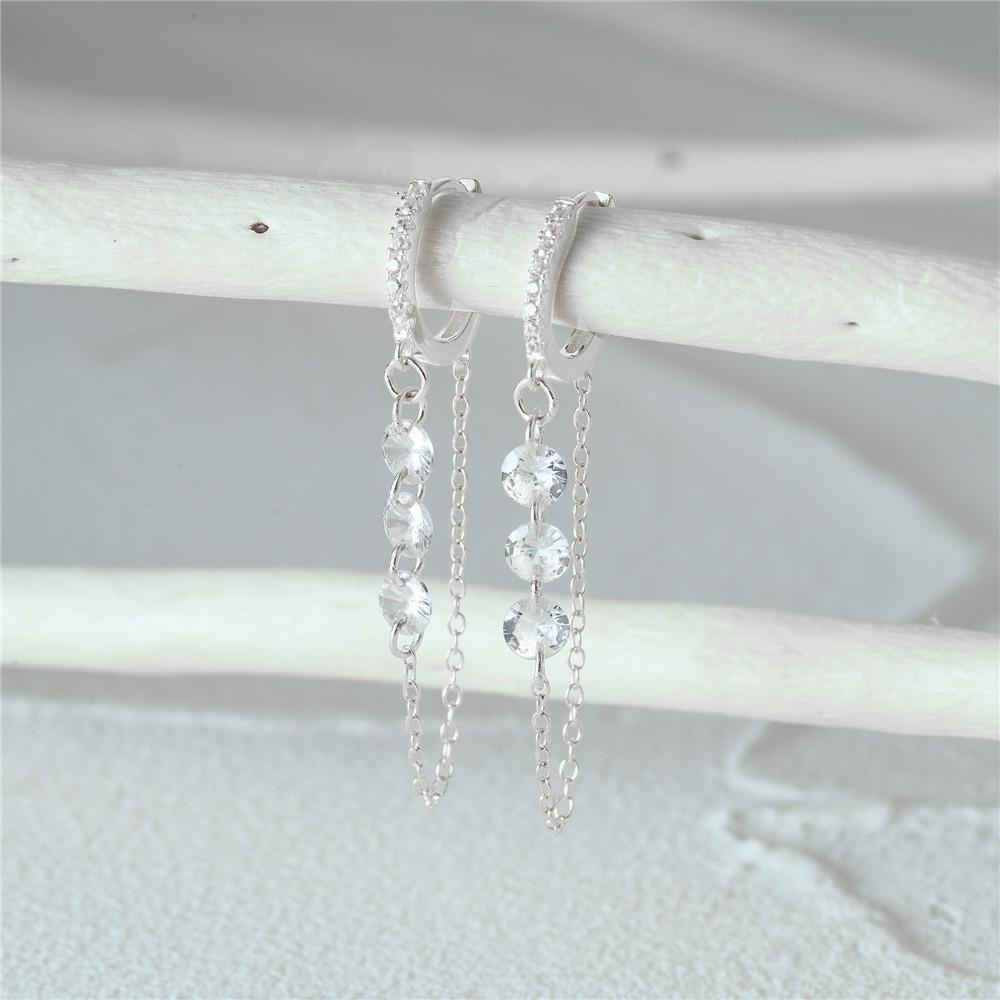 925 Sterlingsilber Drei Zirkonia Tropfen Lange Kette Gold Creolen Schnalle Piercing Ohrringe Für Frauen Lässiger Schmuck Party Geschenk