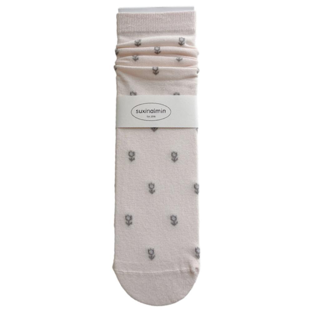 Pink Socks Women Spring and Summer Hollow Thin Breathable Women Socks Ballet Style Floral Print Polka Dot Medium Tube Socks Gift