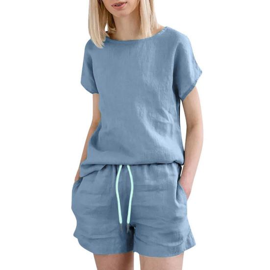 

Женский комплект из двух предметов, хлопковый лен, летний комплект для отдыха, повседневный короткий костюм с круглым вырезом и талией на шнурке для домашней одежды M светло-синий