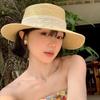 Literary French Lace Ribbon Flat Top Straw Hat Women's Summer Seaside Beach Vacation Elegant Top Hat Sun Hat