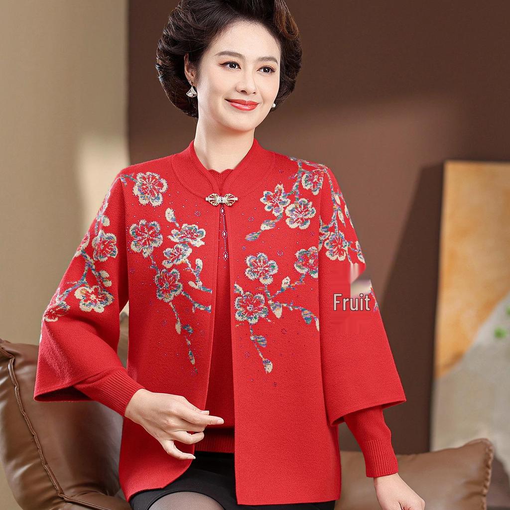 Mother-in-law Style Autumn Knit Cardigan Set for Middle-aged and Elderly Women
