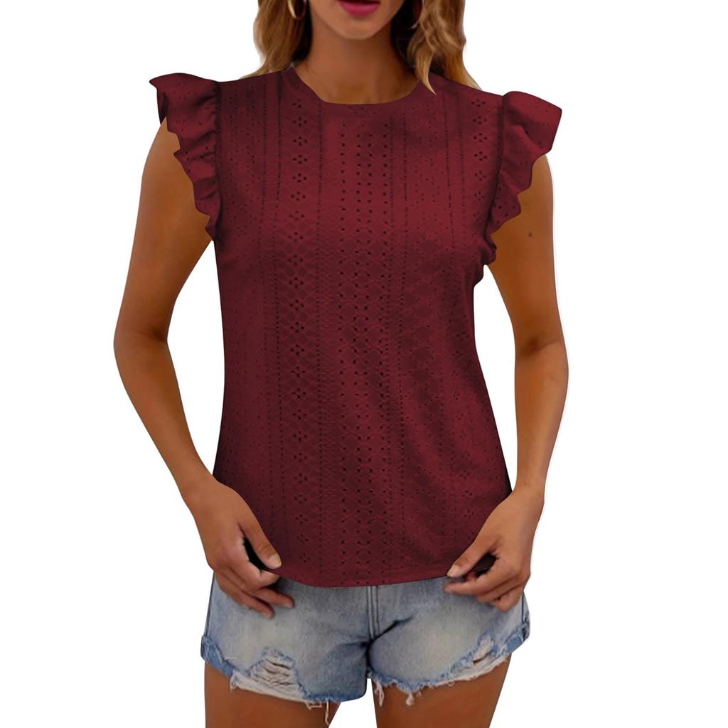 Women Summer  Top Eyelet Vacation Short Sleeve O Neck Loose Fit Shirt Spring Fashion Casual Clothes