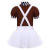 Kids Girls Chocolate Factory Worker Halloween Costume Mock Neck Short Stripe-Cuffed Sleeves Back Cut Puffy Built-In Crotch Press Buttons Dress Braces