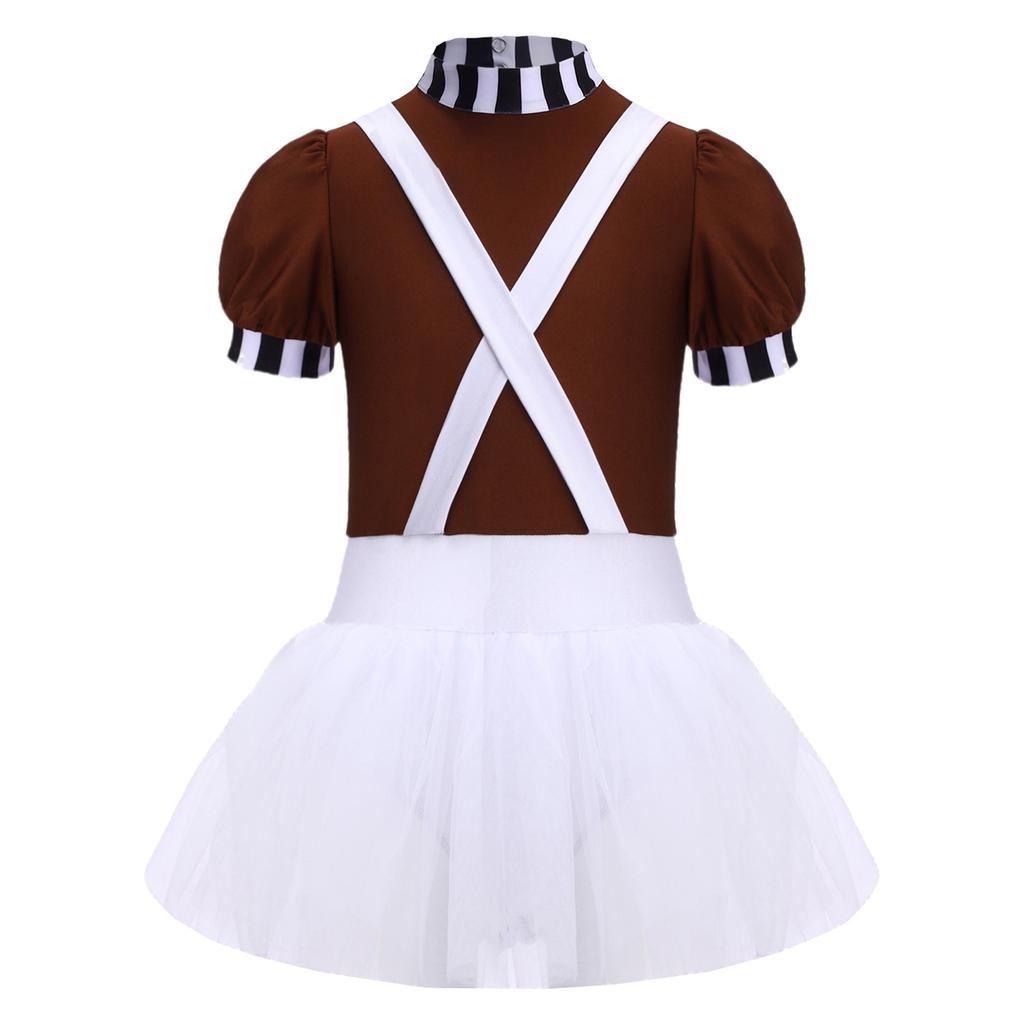 Kids Girls Chocolate Factory Worker Halloween Costume Mock Neck Short Stripe-Cuffed Sleeves Back Cut Puffy Built-In Crotch Press Buttons Dress Braces