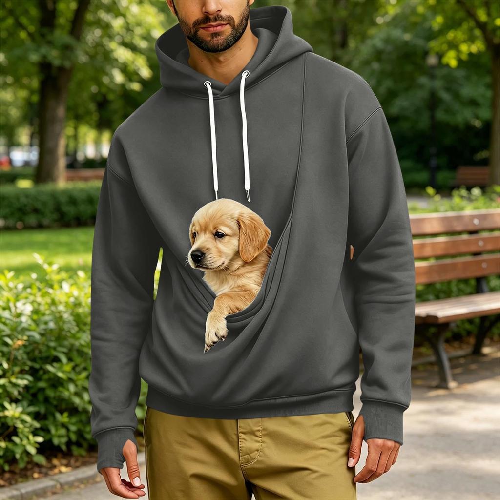 Men's Loose Fit Long Sleeve Hoodie with Thumbholes, Large Pocket and Pet Pocket