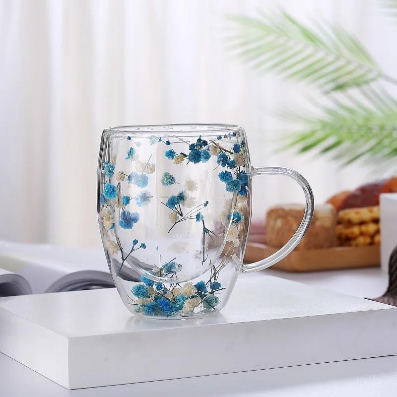250ml / 350ml Double Wall Glass Cup Dry Flowers Insulated Flowers Espresso Cup Coffee Mugs Dual Layered Glass Cups Dried Flowers
