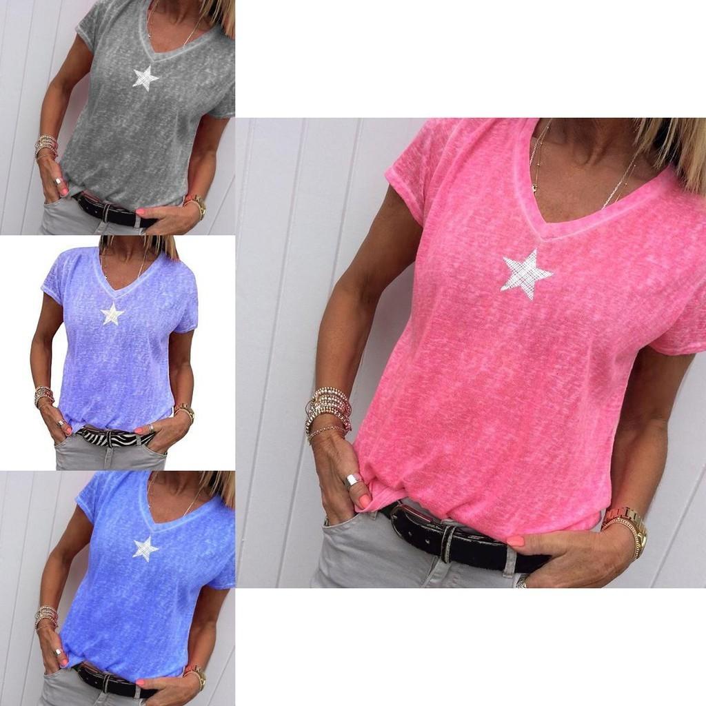 Stylish Women V-neck T-shirt Casual Loose Star Summer Shirts Solid Short Sleeve Perfect For Outdoor Activities