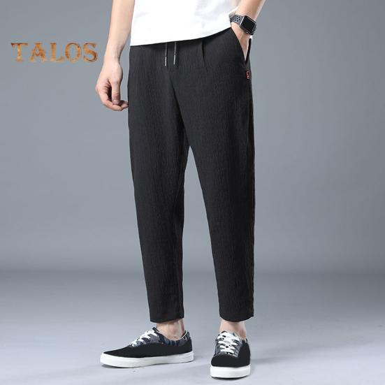 Men Ninth Pants Drawstring Elastic Waist Straight Leg Loose Solid Color Pockets Plus Size Daily Wear Casual Sport Trousers Long Sweatpants