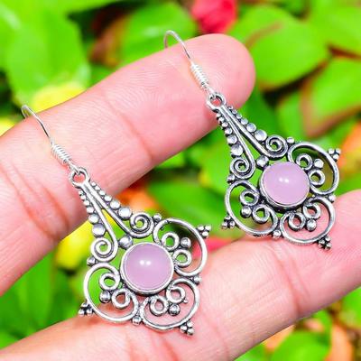 Natural Rose Quartz Gemstone Handmade 925 Sterling Silver Earring 1.97" J4q12