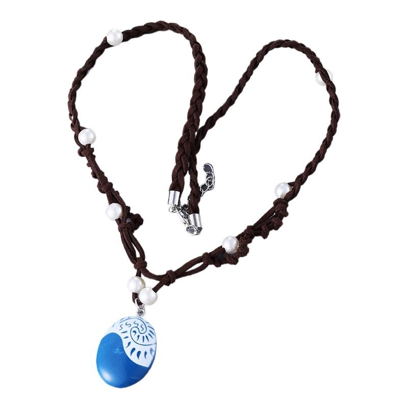 Boho Braided Leather Choker with Blue Stone Pendant & Pearl Beads, Adjustable Ocean Inspired Necklace for Women Cosplay Gifts синий