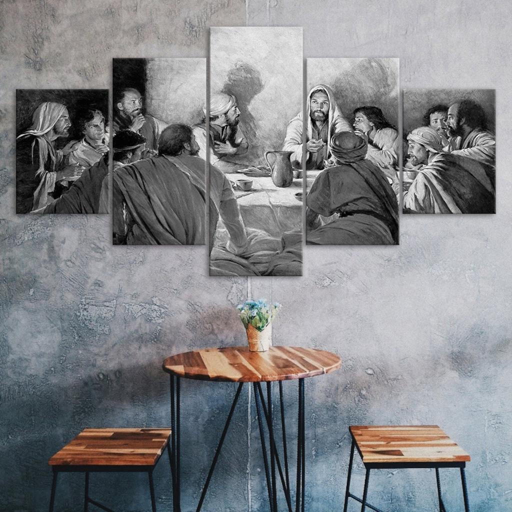 Jesus Christus Das Letzte Abendmahl Schwarz Weiß Szene 5-teilige Leinwand Wandkunst Fünfteiliger Druck Modernes Poster Heimdeko Bild Geschenk Für Ihn Sie