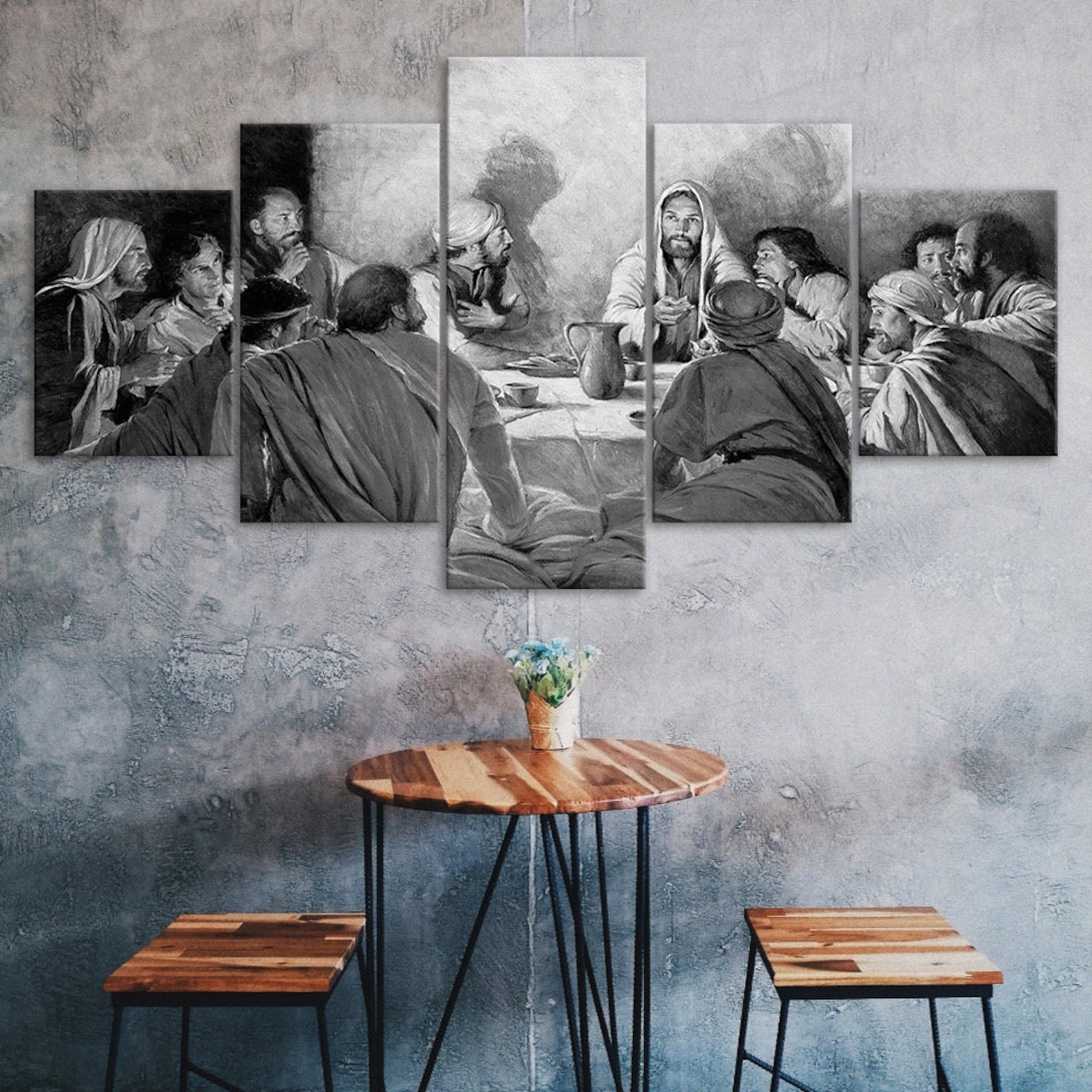 

Jesus Christ The Last Supper Black White Scene 5 Piece Canvas Wall Art Five Panel Print Modern Poster Home Decor Picture Gift For Him Her 20X35 20X45 20X55CM