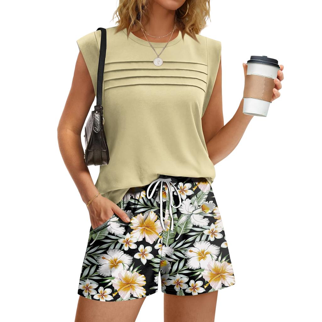 Women's Casual Fashion Crewneck Pleated Vintage Floral Print Shorts Set