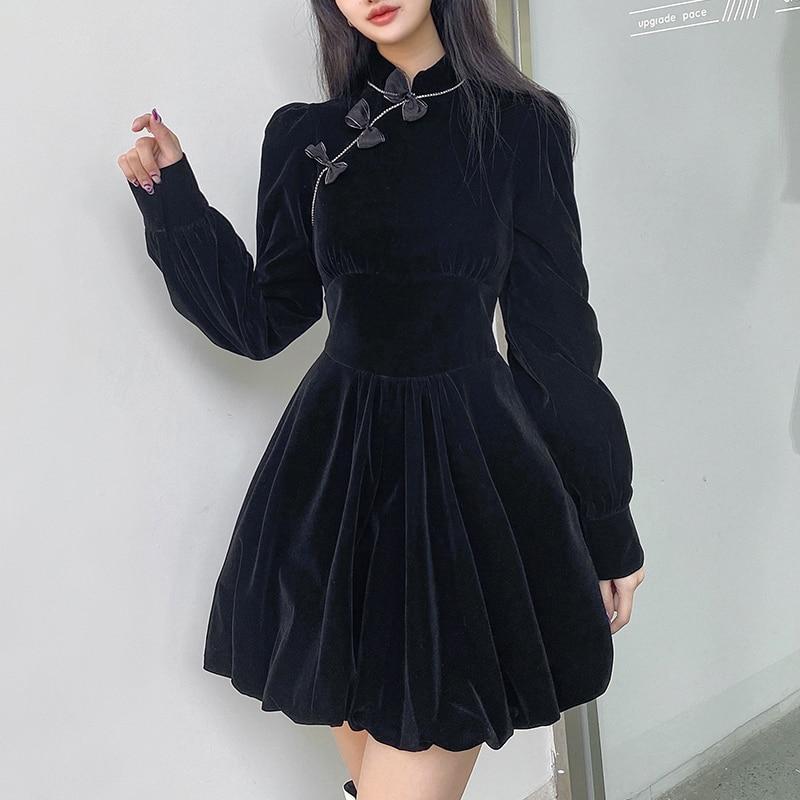 Cheongsam Darlingaga Vintage Elegante Gothic Dark Bow Velour Schwarzes Kleid Herbst Winter Chinesischer Stil Plissee Kleider Party Diamanten Kleidung