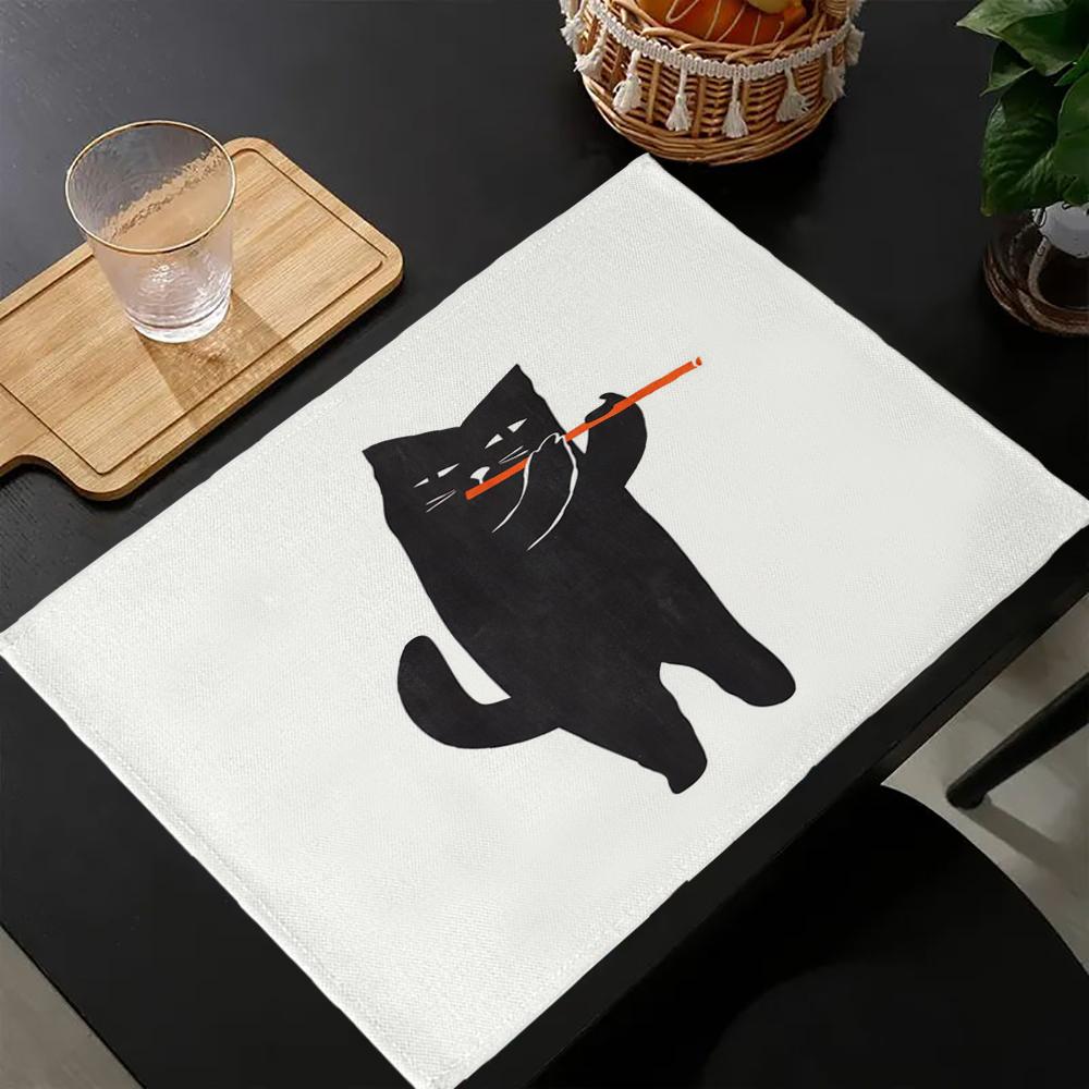 Cute Animal Cat Print Linen Dining Table Mats Kitchen Placemat 30X40cm Coasters Pads Bowl Cup Mat