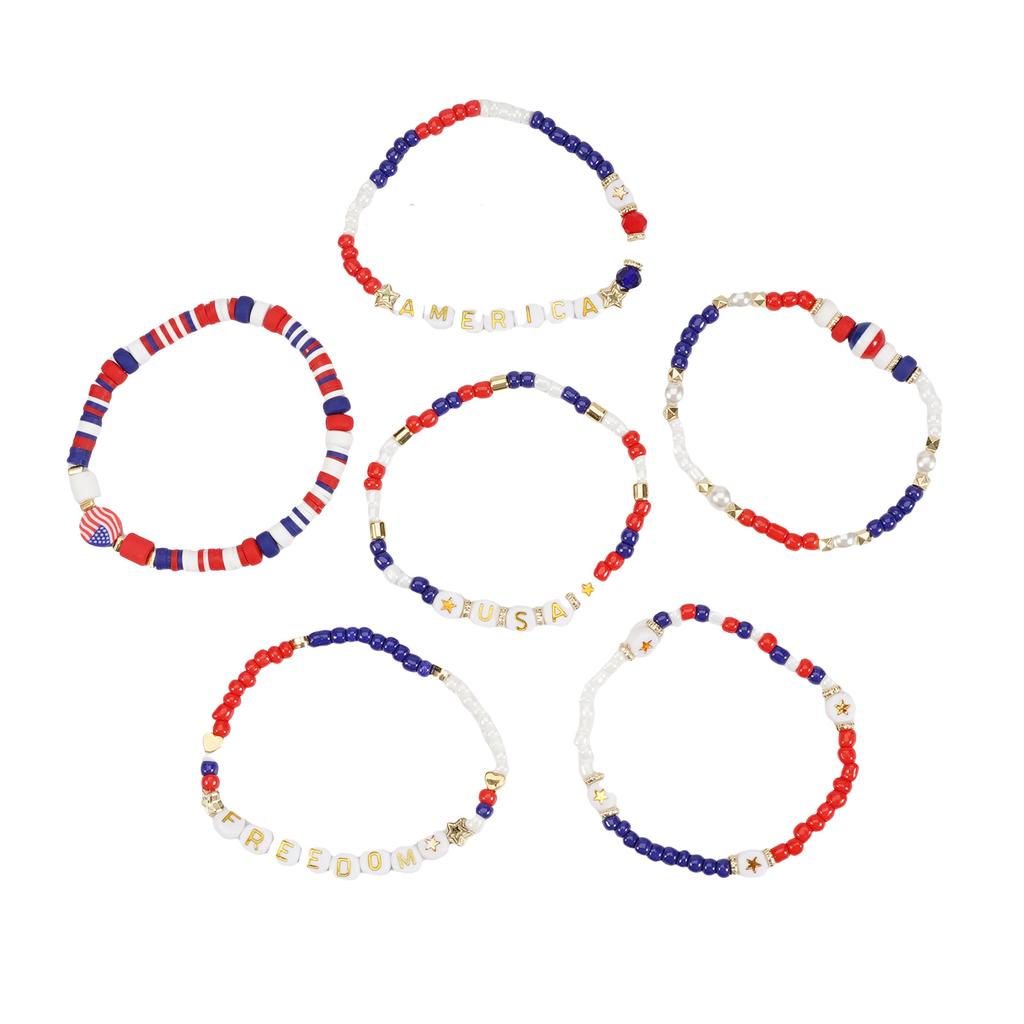 Pack of 6 Fashionable Patriotic Beaded Bracelets Elastic July 4th Jewelry Americans Flag Star Charm Party Accessories