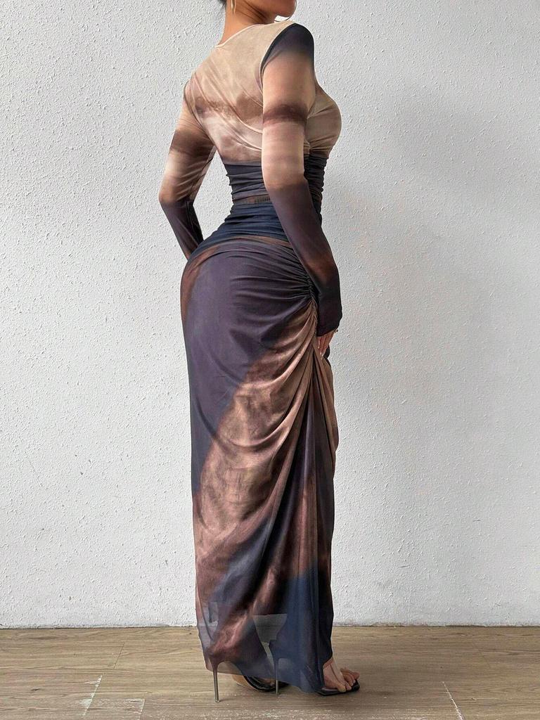 European & American Fashion Mesh Print Ruffle Bodycon Dress