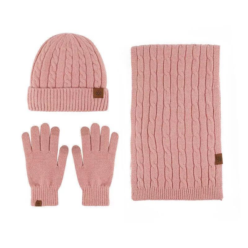 Womens Ladies Thick Knit Hat Scarf AND Touchscreen Gloves Set Knitted Winter