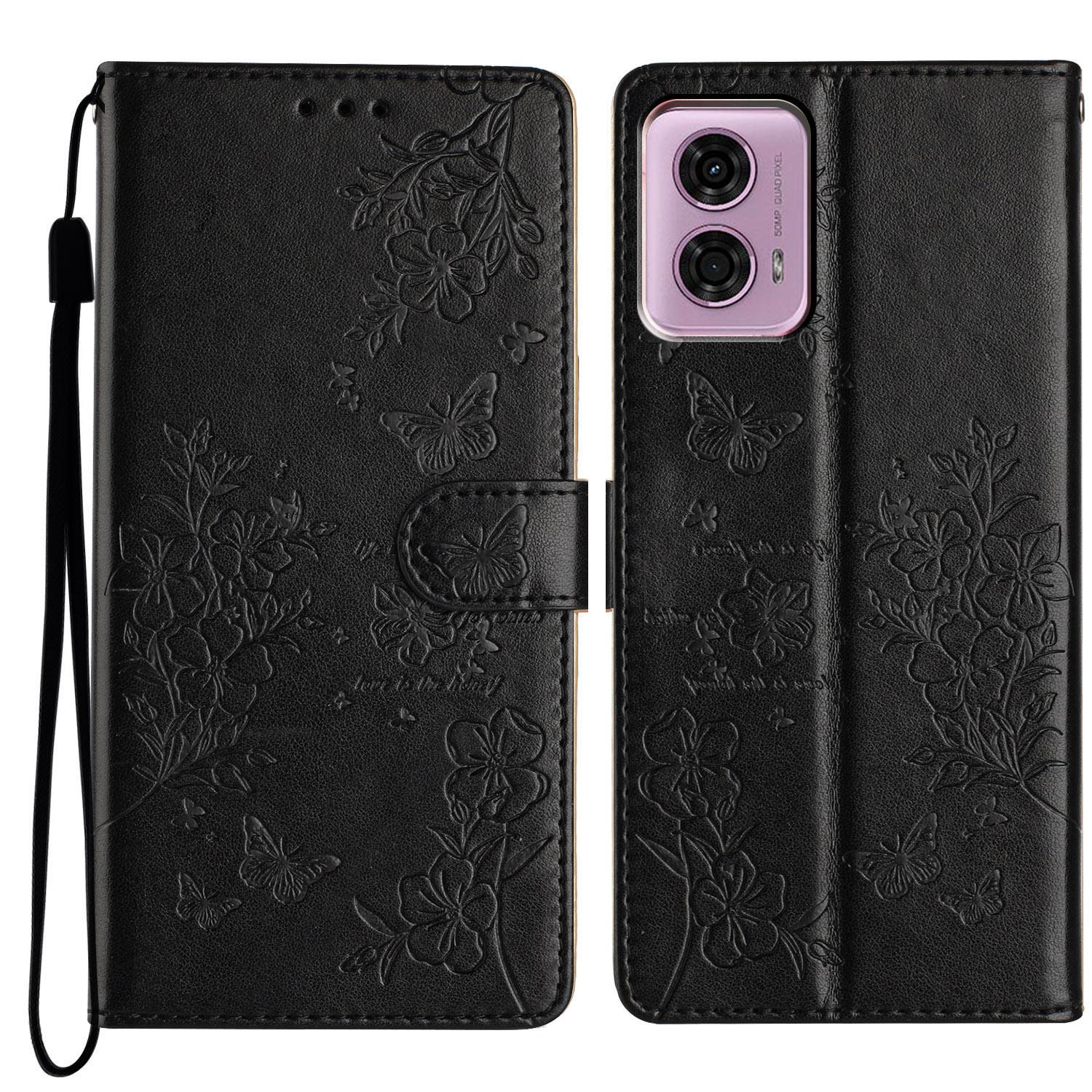

For Motorola Moto G45 5G/G34 5G Stand Case Butterfly Floral Imprint Leather Wallet Phone Cover Black