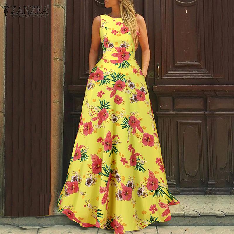

ZANZEA Цветочный принт Повседневный O-образный вырез Без рукавов Женщины Танк Платье
