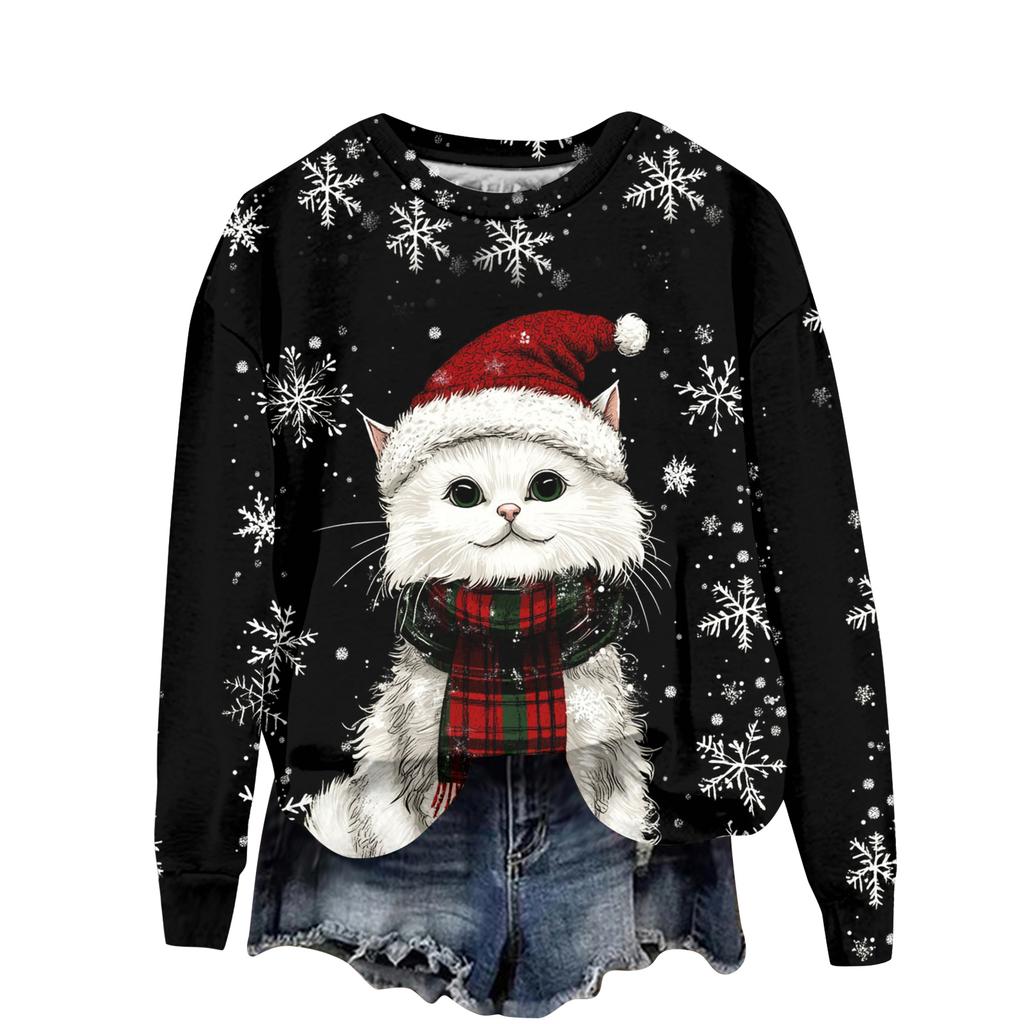 Damen Weihnachtlich bedrucktes lässiges langärmeliges Rundhals Sport-Hoodie-Top