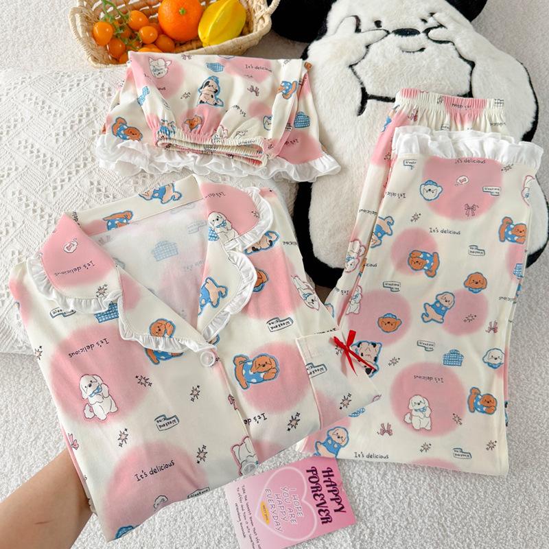 

Милый щенок, пижама из имитации хлопка высокого качества, женская летняя повседневная пижама из трех предметов с коротким рукавом 2XL [Recommended 130-72.5kg]