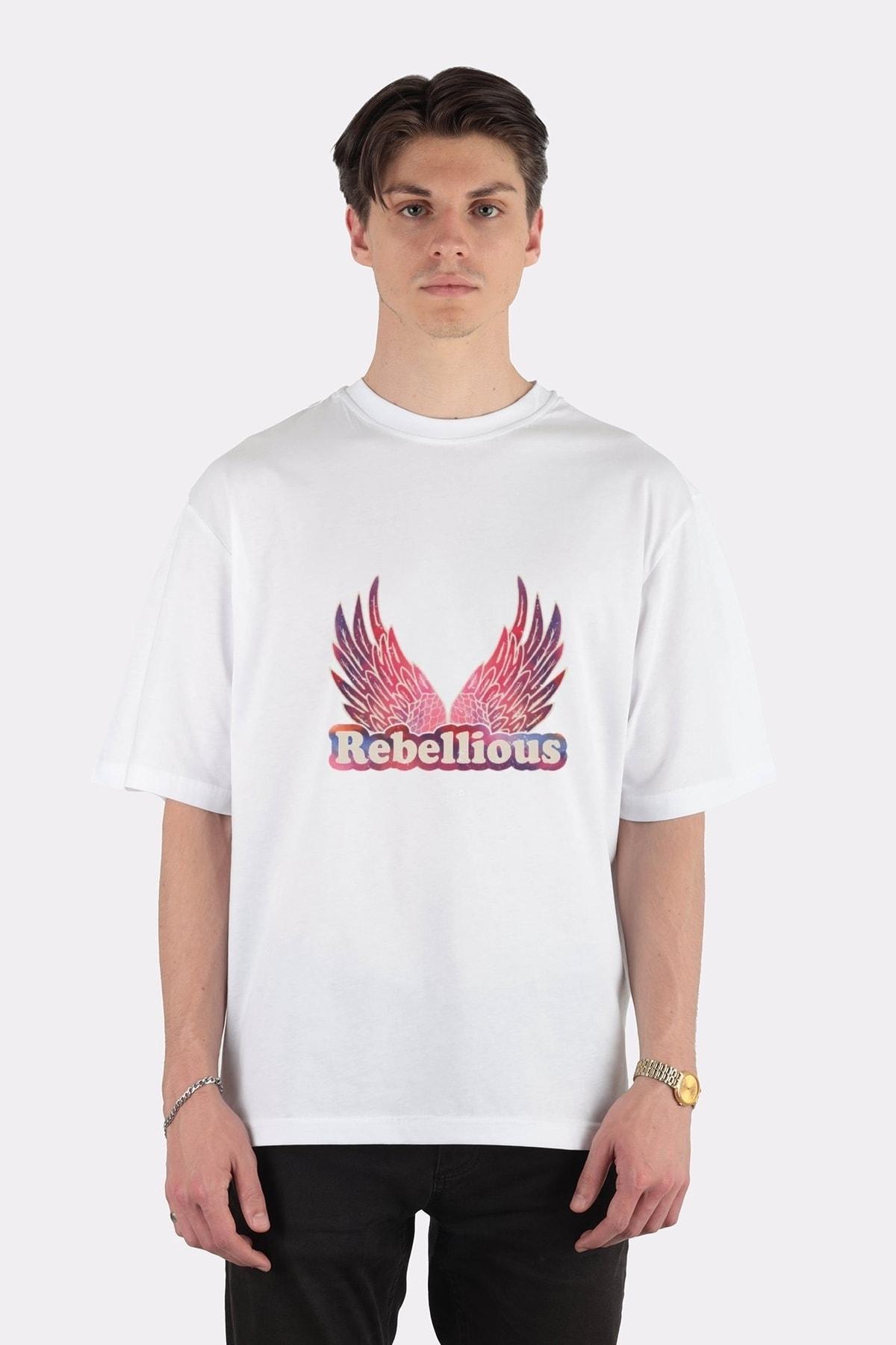 

Unisex Beyaz Oversize T-shirt Rebellious - Winged Rebel