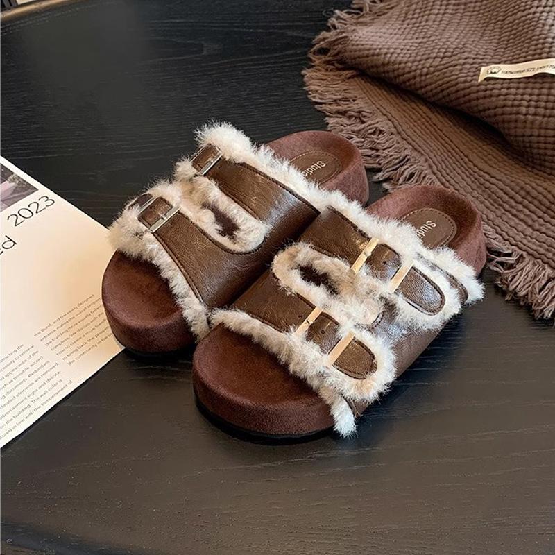 

Слова на двойной пряжке, толстая подошва, ленивые шлепанцы с открытым носком, пушистые, женские, для носки осенью и зимой 35