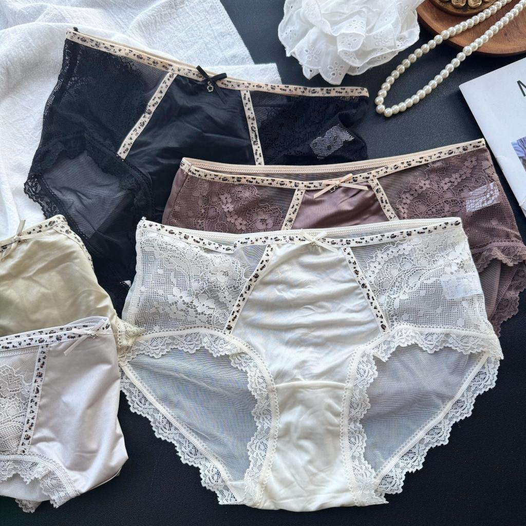 Women's Summer Light Luxury Senior Sense Satin Ice Screen Leopard Print Edge Briefs