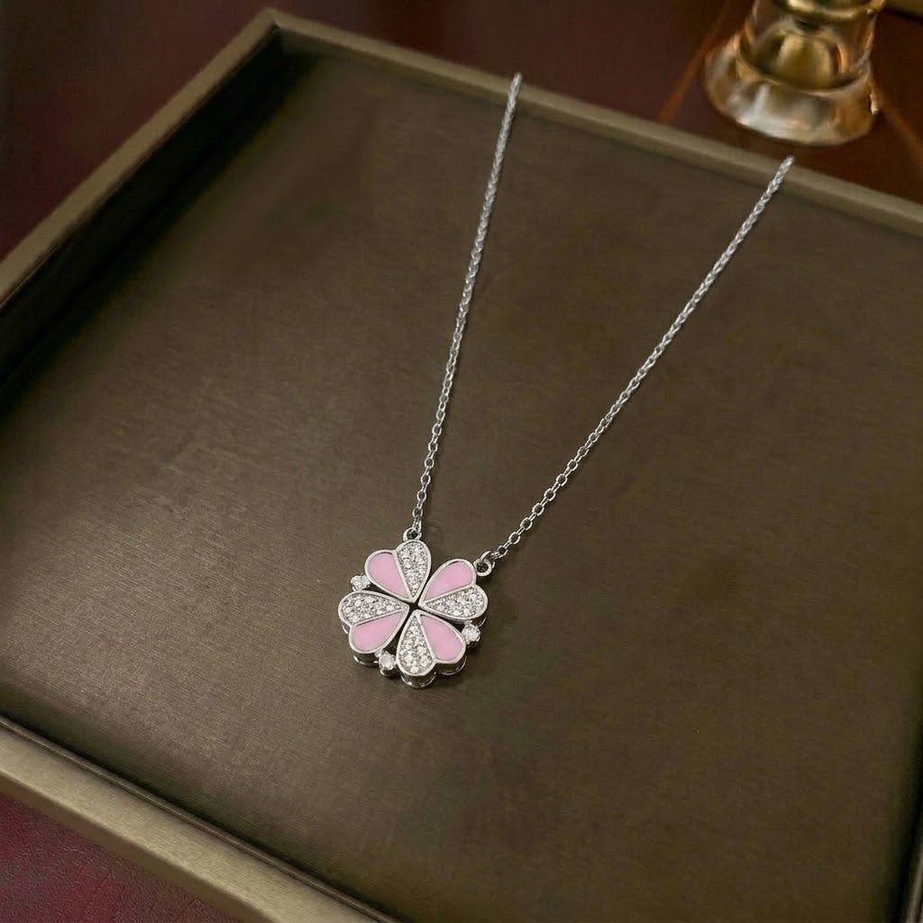 Women's Heart-Shaped Necklace with Four-Petal Flower, Cubic Zirconia, Titanium Steel Clavicle Chain - Elegant and Versatile Accessory